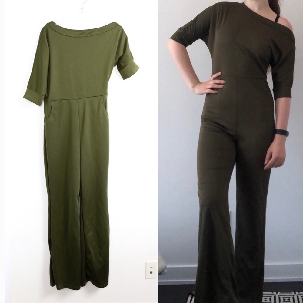 Army green khaki jumpsuit asymmetric stretch S M casual short sleeve modern